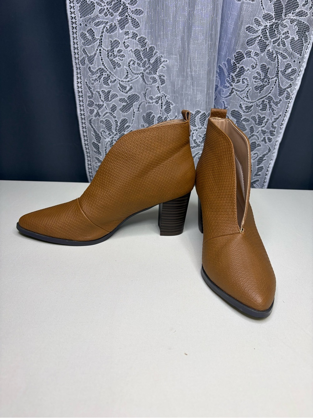 Women's Tan Textured Ankle Booties with Block Heel